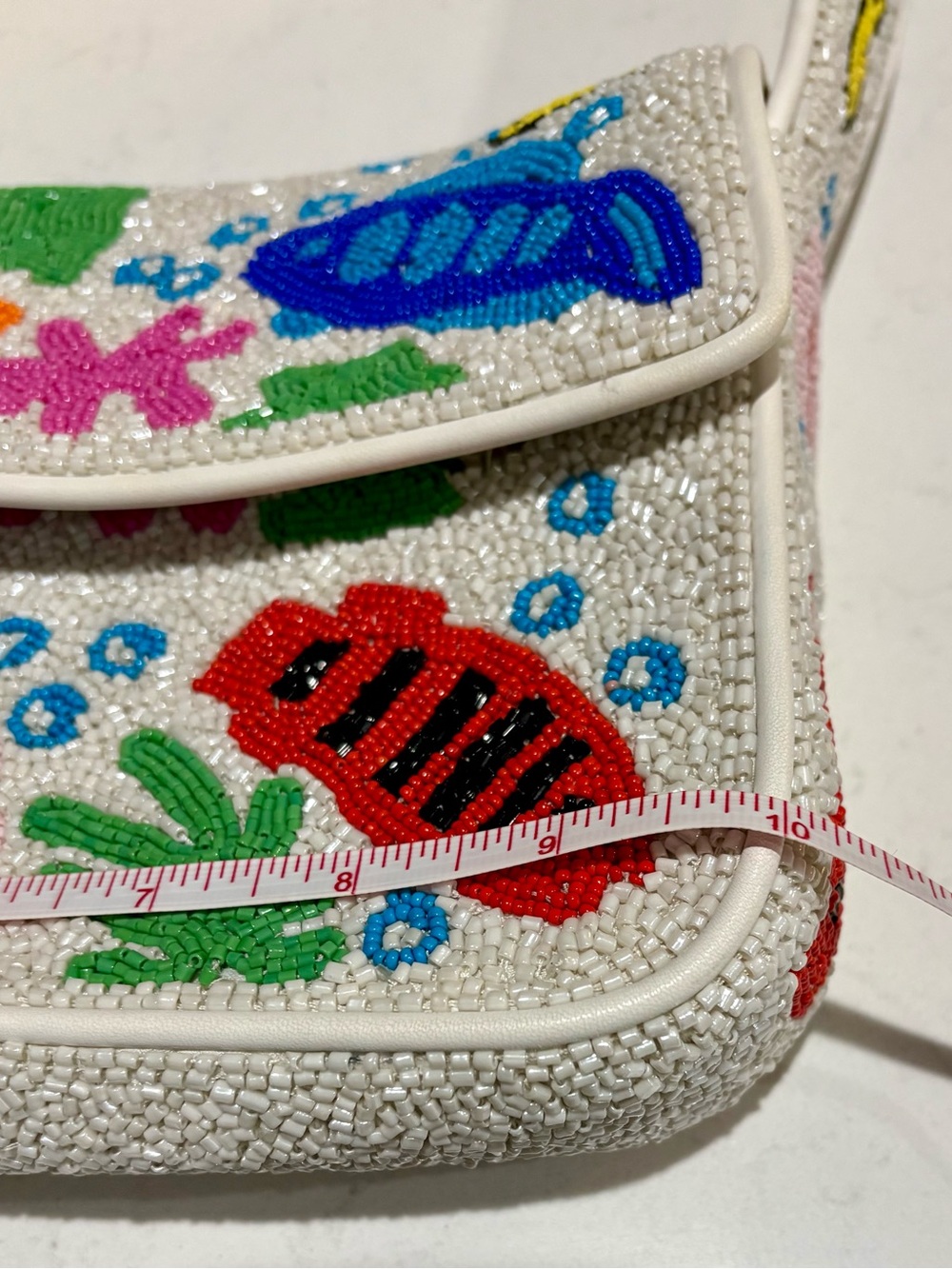 STAUD Tommy Hand Beaded Tropical Fish Shoulder Bag White Leather - Picture 11 of 16